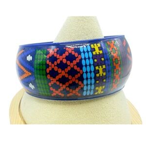 Colorful Painted Geometric Wide Bangle Bracelet Blue Pink Orange 8 Inch